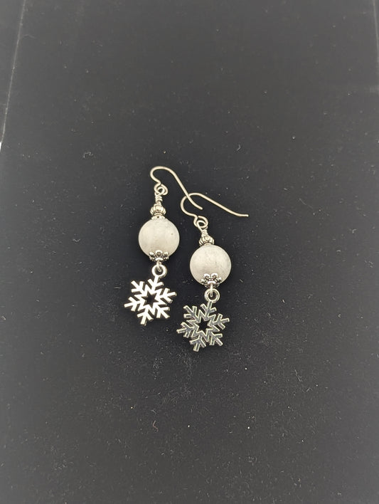 Moonstone earrings with a Snowflake charm in antiqued Silver finish