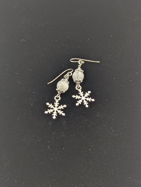 Moonstone earrings with a Snowflake charm in antiqued Silver finish