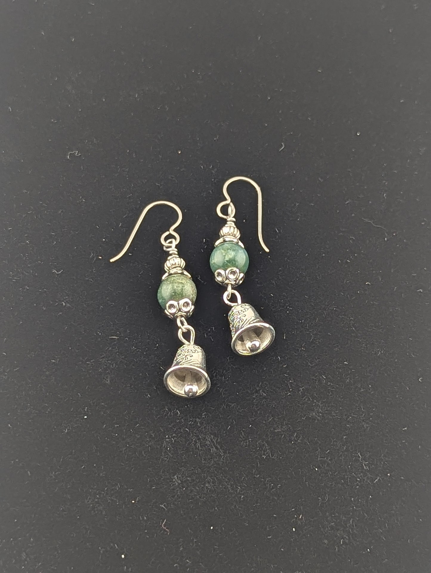 Green Moss Agate earrings with a Bell charm in antiqued Silver finish