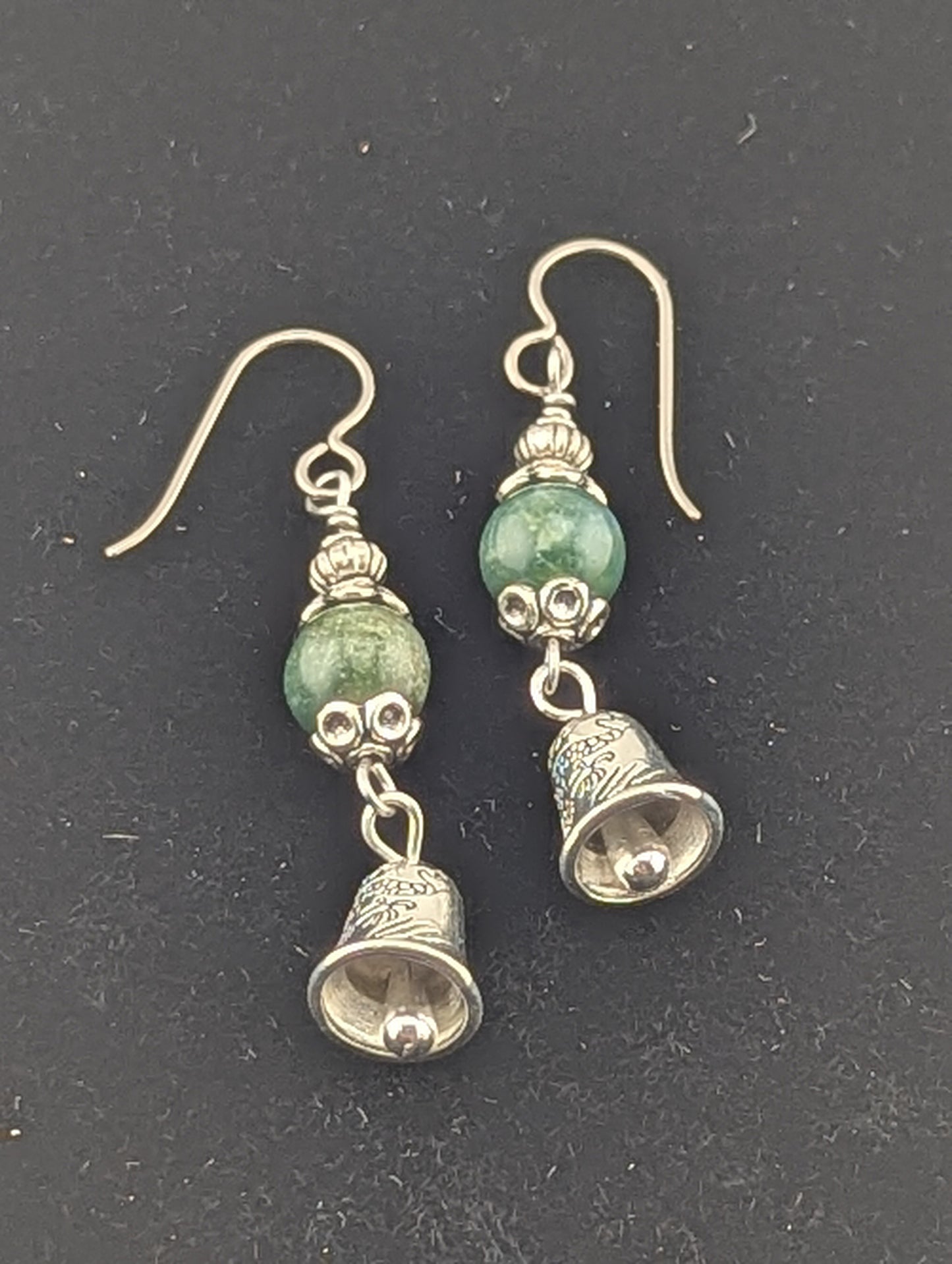 Green Moss Agate earrings with a Bell charm in antiqued Silver finish