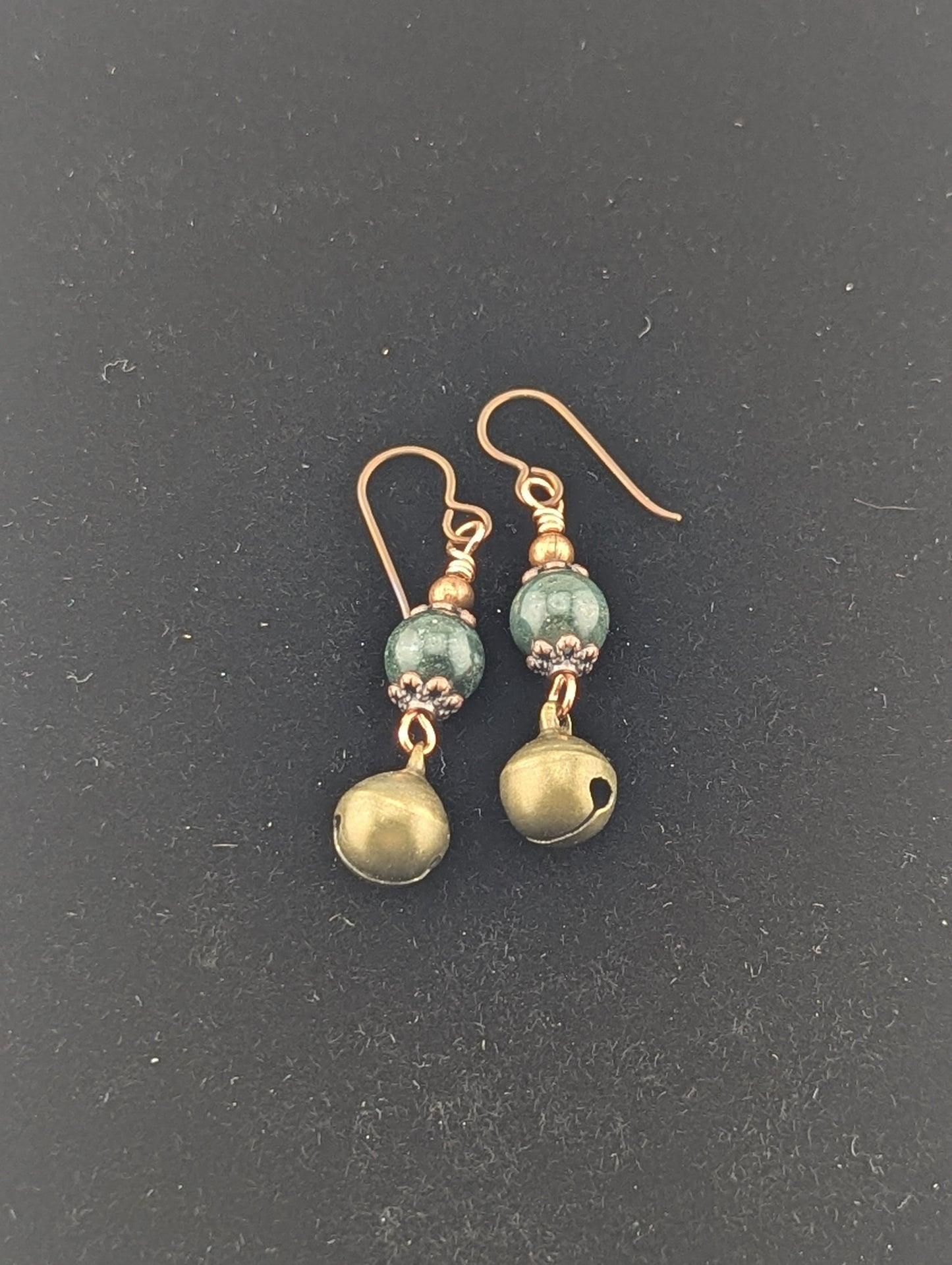 Green Moss Agate earrings with a Jingle Bell charm in antiqued Copper finish