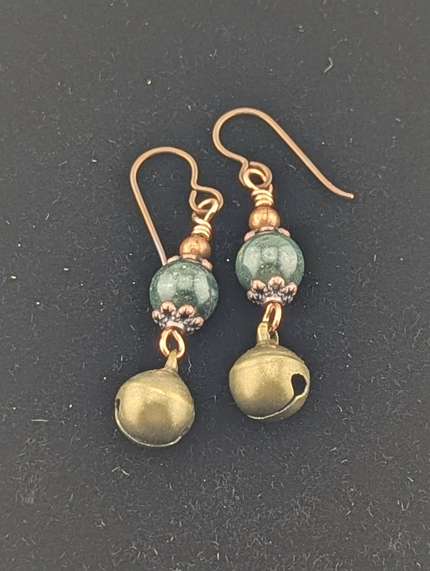 Green Moss Agate earrings with a Jingle Bell charm in antiqued Copper finish