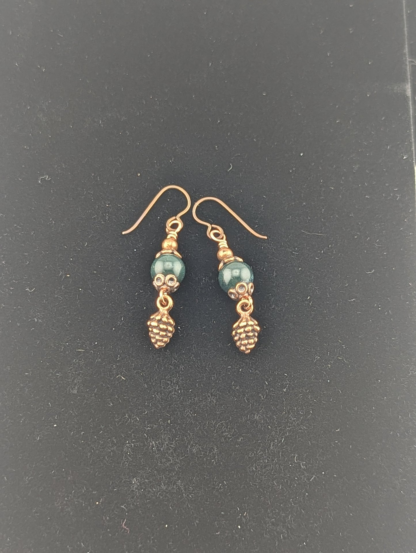 Green Moss Agate earrings with a Pine Cone charm in antiqued Copper finish