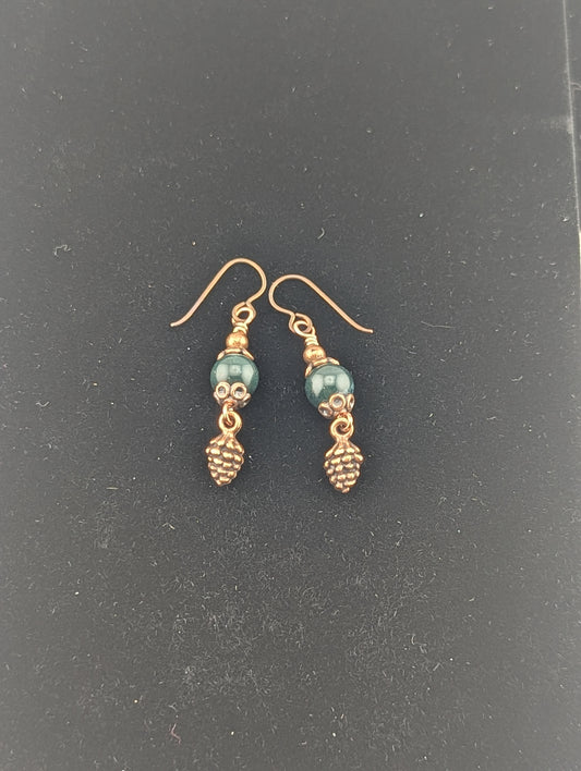 Green Moss Agate earrings with a Pine Cone charm in antiqued Copper finish