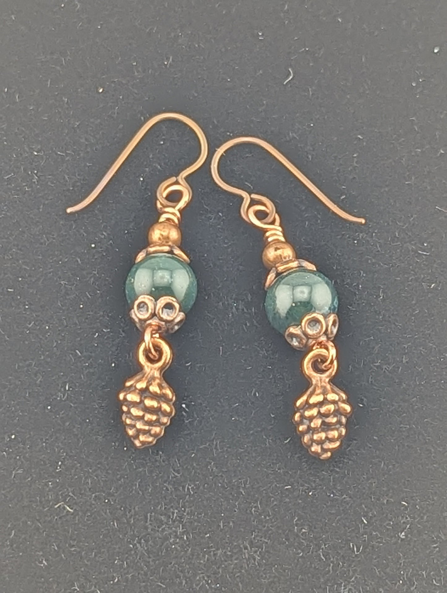 Green Moss Agate earrings with a Pine Cone charm in antiqued Copper finish