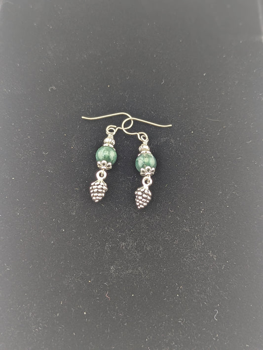 Green Moss Agate earrings with a Pine Cone charm in antiqued Silver finish