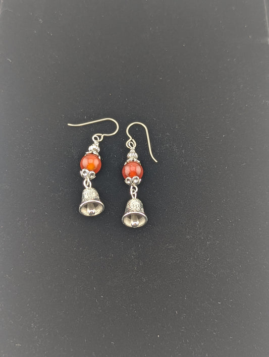 Carnelian earrings with a Bell charm in antiqued Silver finish