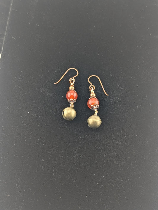 Carnelian earrings with a Jingle Bell charm in antiqued Copper finish