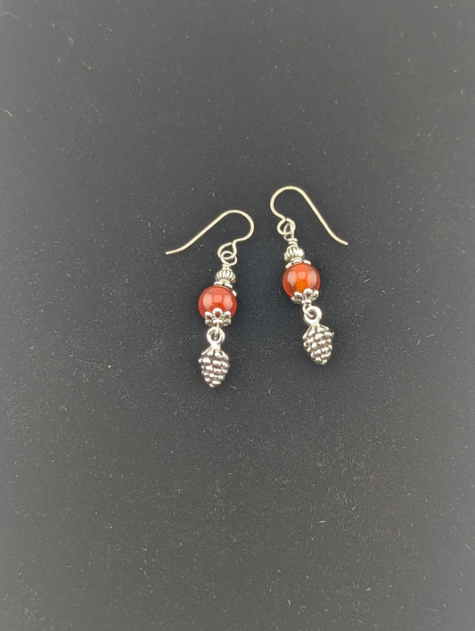 Carnelian earrings with a Pine Cone charm in antiqued Silver finish