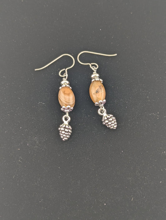 Montana Agate earrings with a Pine Cone charm in antiqued Silver finish