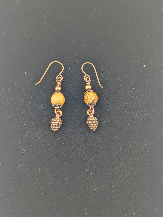 Picture Jasper earrings with a Pine Cone charm in antiqued Copper finish