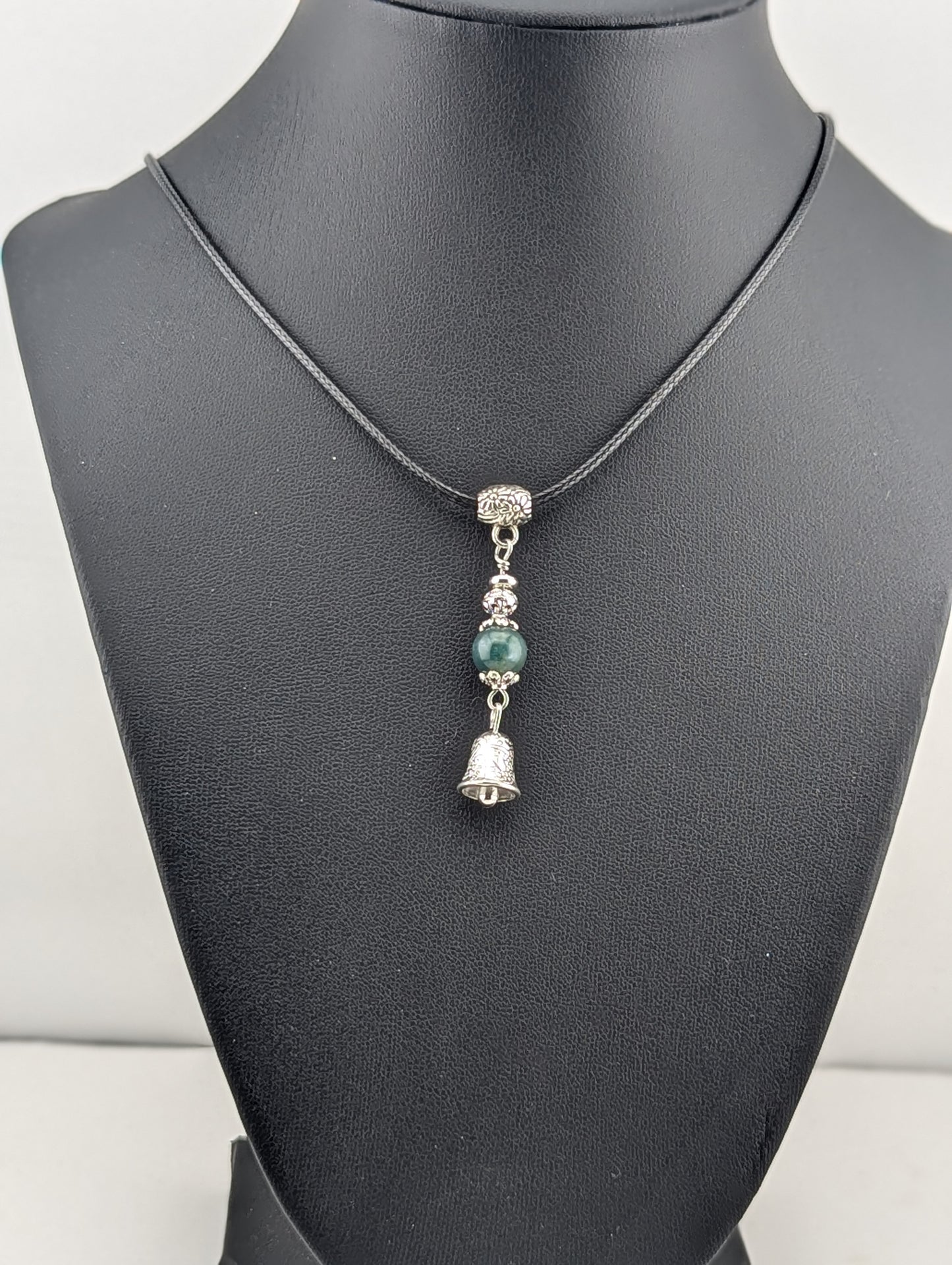 Green Moss Agate pendant with a Bell charm in antiqued Silver finish