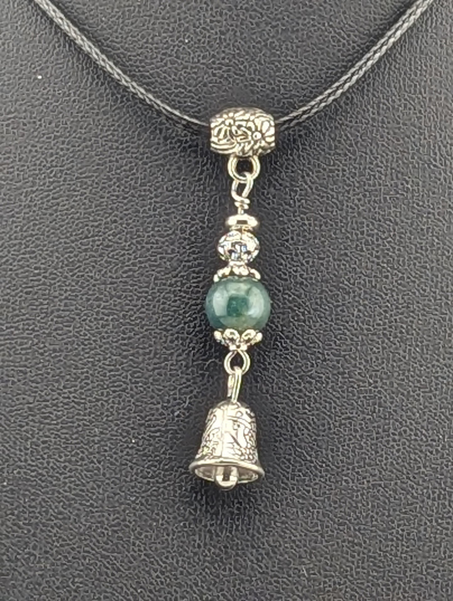 Green Moss Agate pendant with a Bell charm in antiqued Silver finish