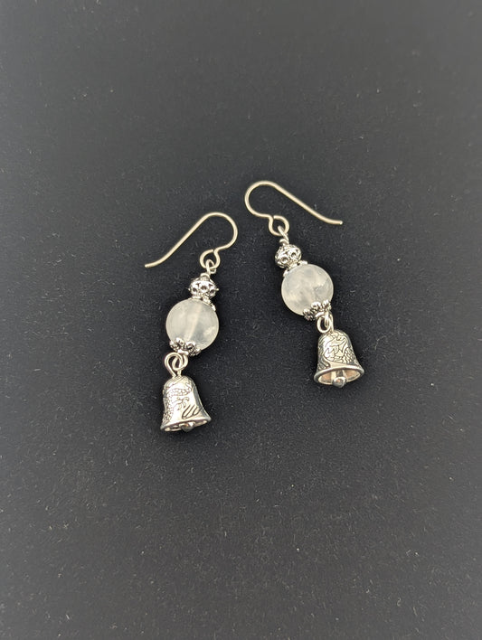 Moonstone earrings with a Bell charm in antiqued Silver finish