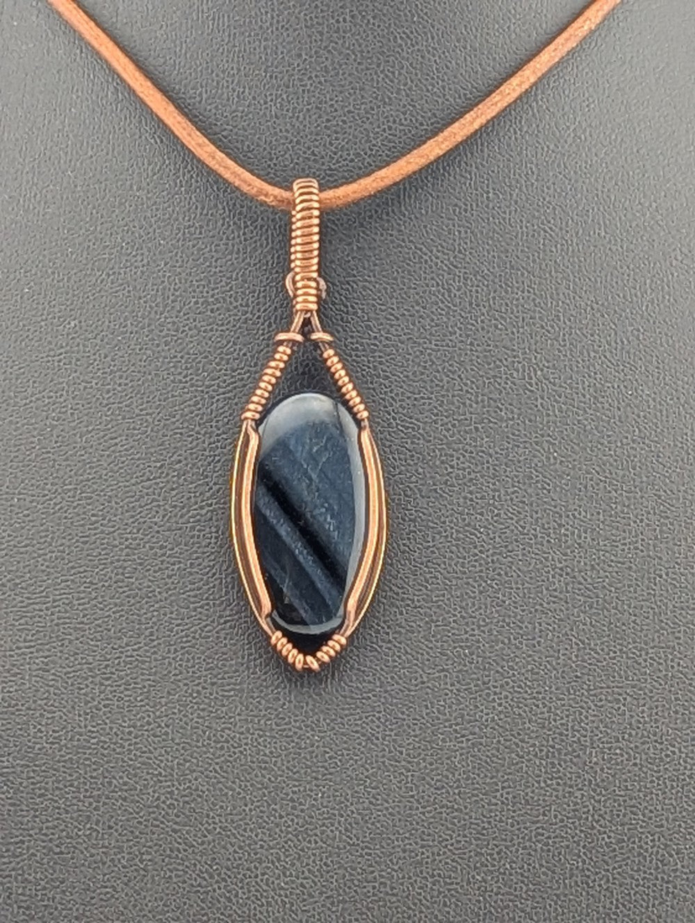 Blue Tiger Eye Pendant, Set in antiqued copper.