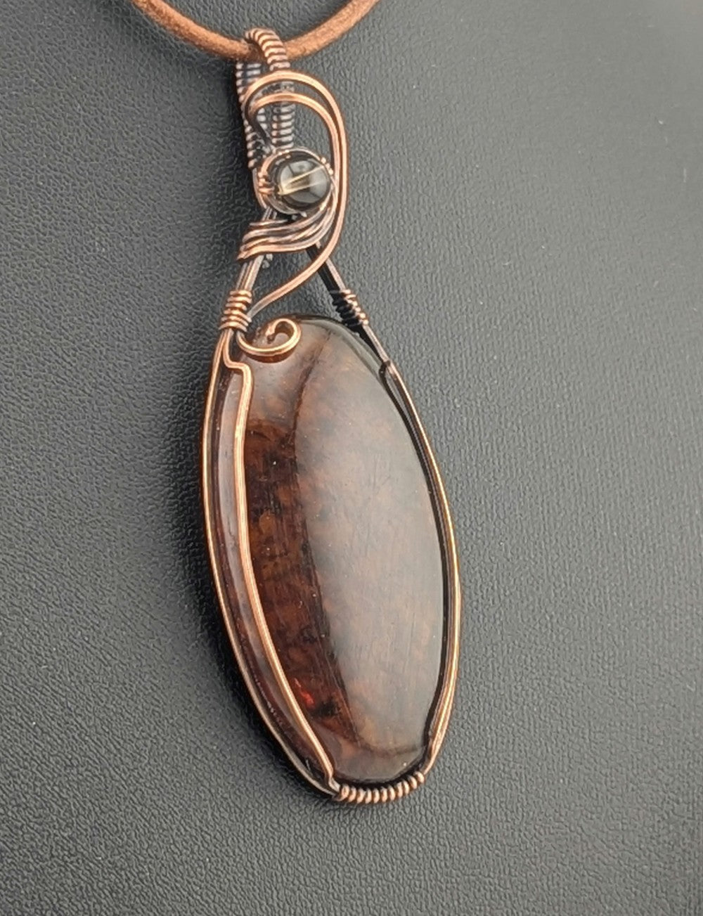 Amber Pendant, accented with Smokey Quartz and set in antiqued copper.