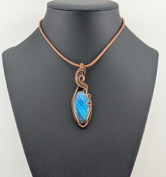 Labradorite gemstone pendant, with Blue flash, set in antiqued copper