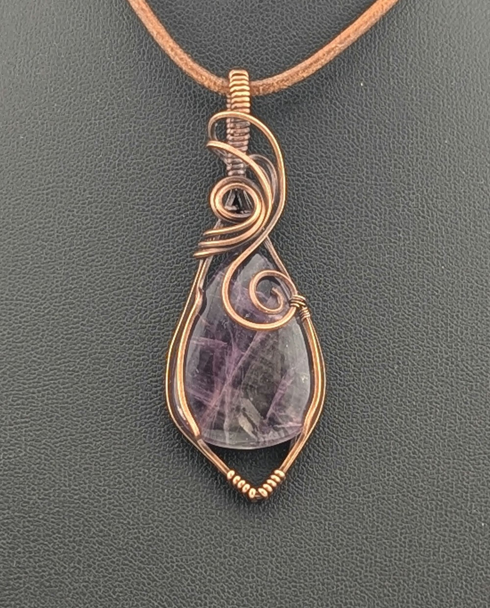 Fluorite,  purple and green, gemstone pendant, set in antiqued copper