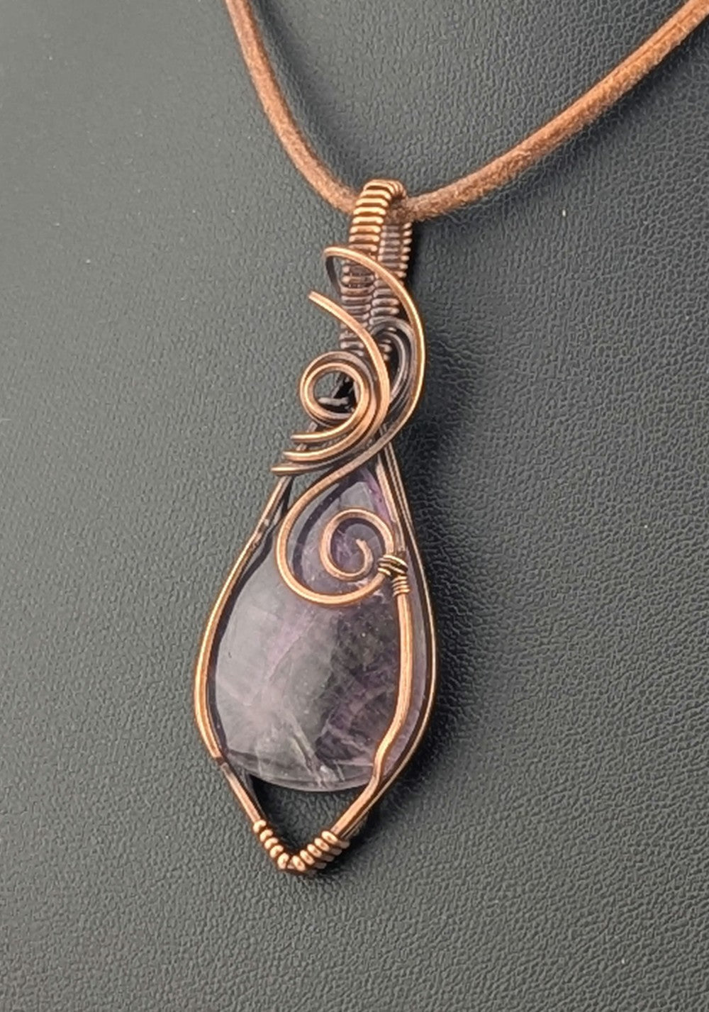 Fluorite,  purple and green, gemstone pendant, set in antiqued copper