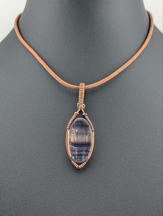 Fluorite purple, blue and green, gemstone pendant, set in antiqued copper