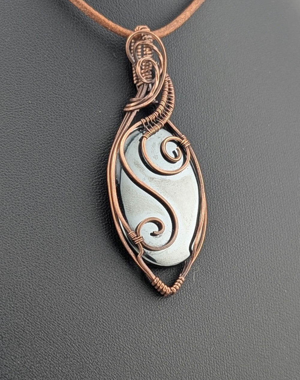 Hematite Gemstone Pendant, set in antiqued copper.