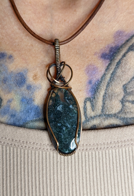 Moss Agate  Pendant, set in antiqued copper.