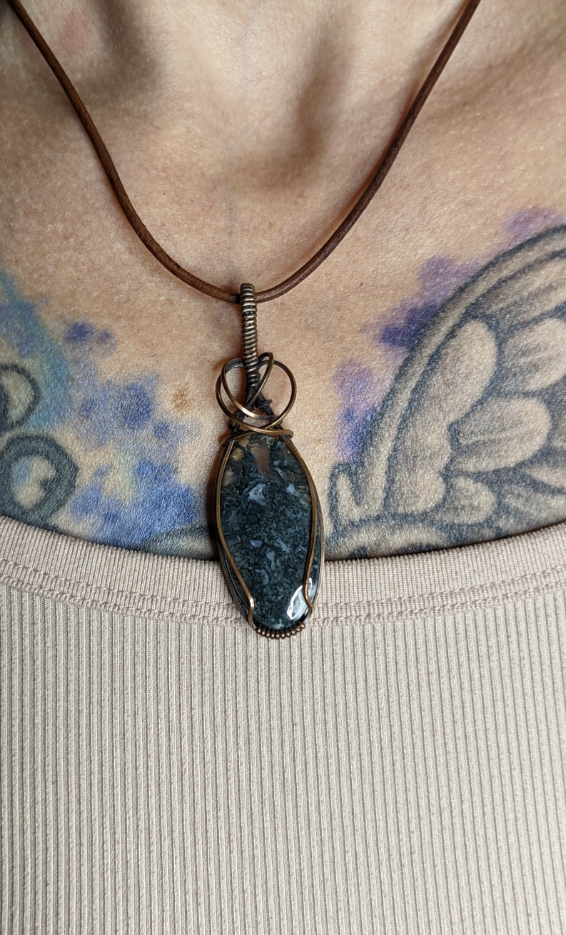 Moss Agate  Pendant, set in antiqued copper.