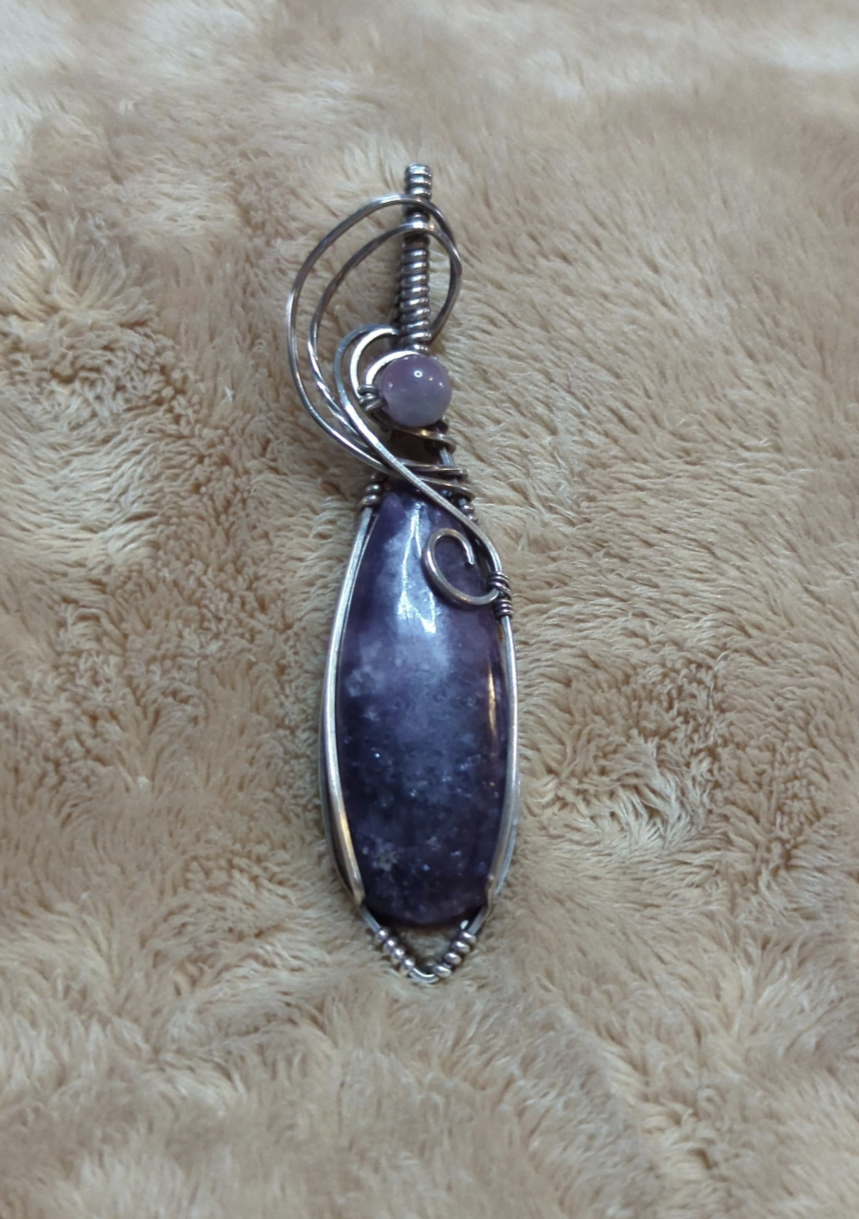 Lepidolite gemstone pendant, set in Sterling Silver, accented with  pink Tourmaline.