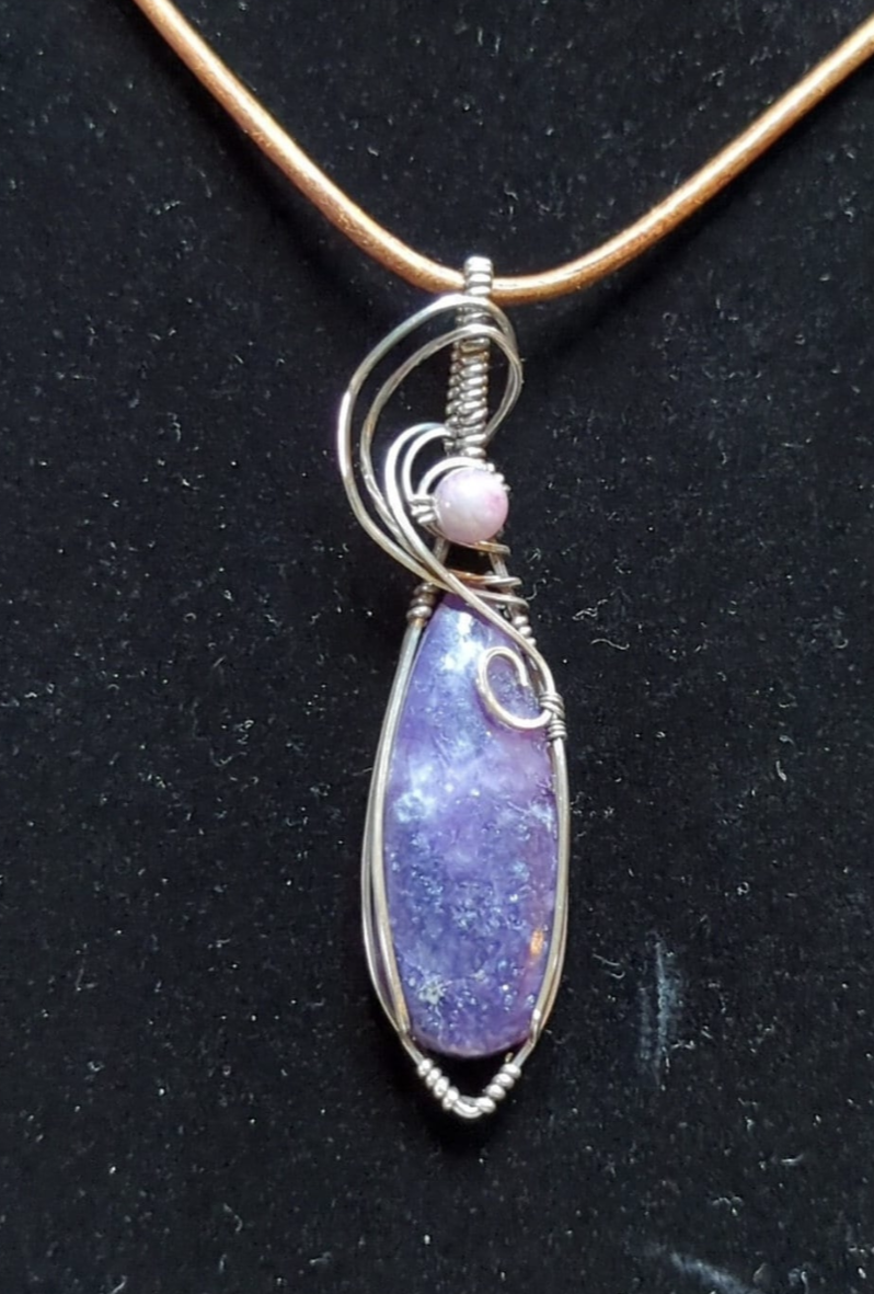 Lepidolite gemstone pendant, set in Sterling Silver, accented with  pink Tourmaline.