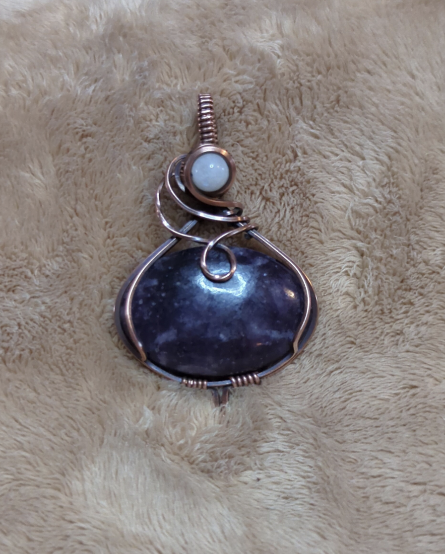 Lepidolite gemstone pendant, set in antiqued copper, accented with Moonstone.