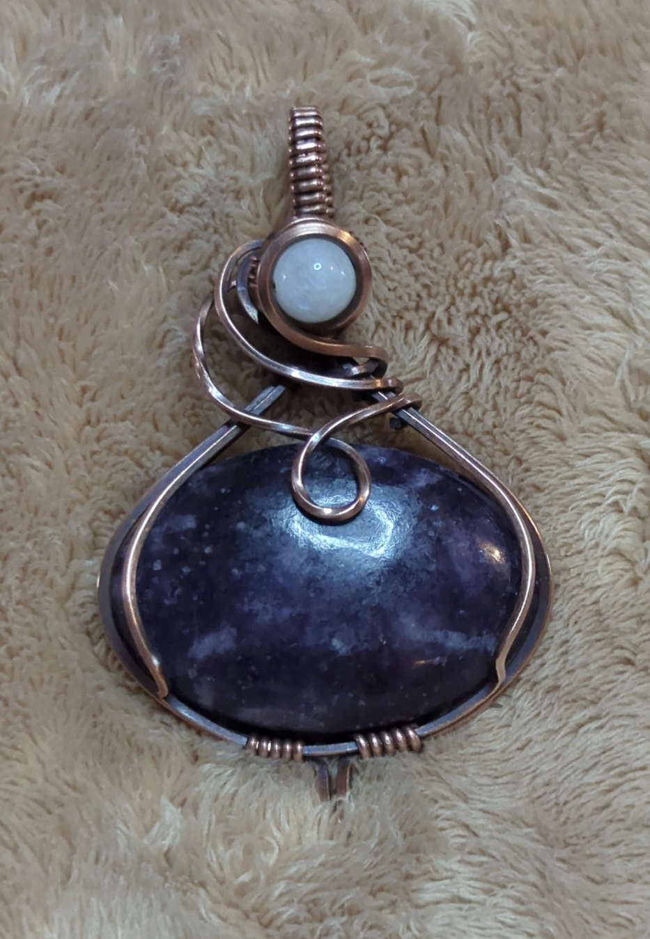 Lepidolite gemstone pendant, set in antiqued copper, accented with Moonstone.