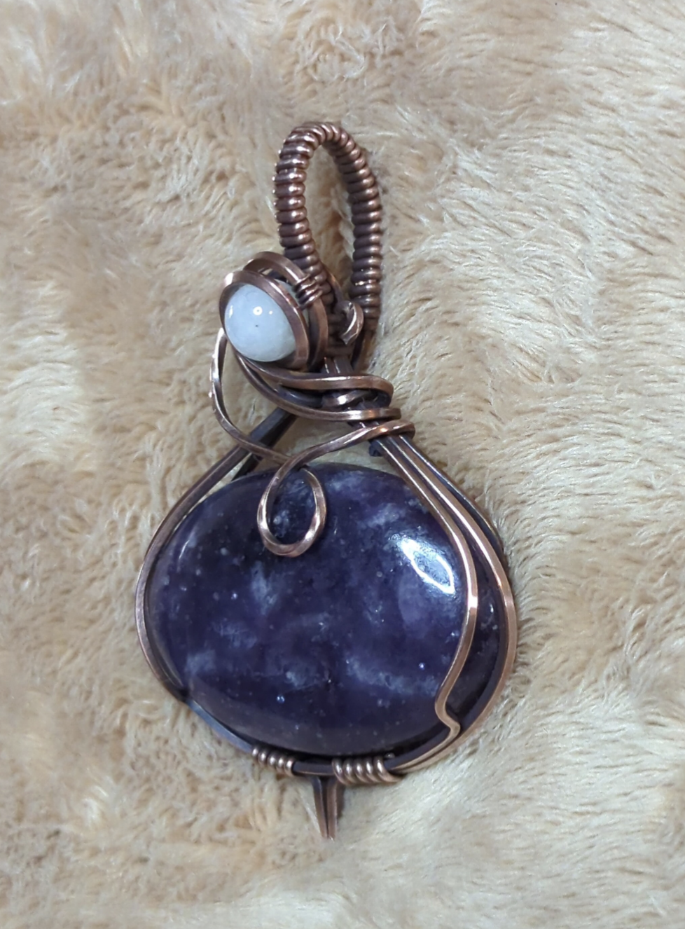 Lepidolite gemstone pendant, set in antiqued copper, accented with Moonstone.