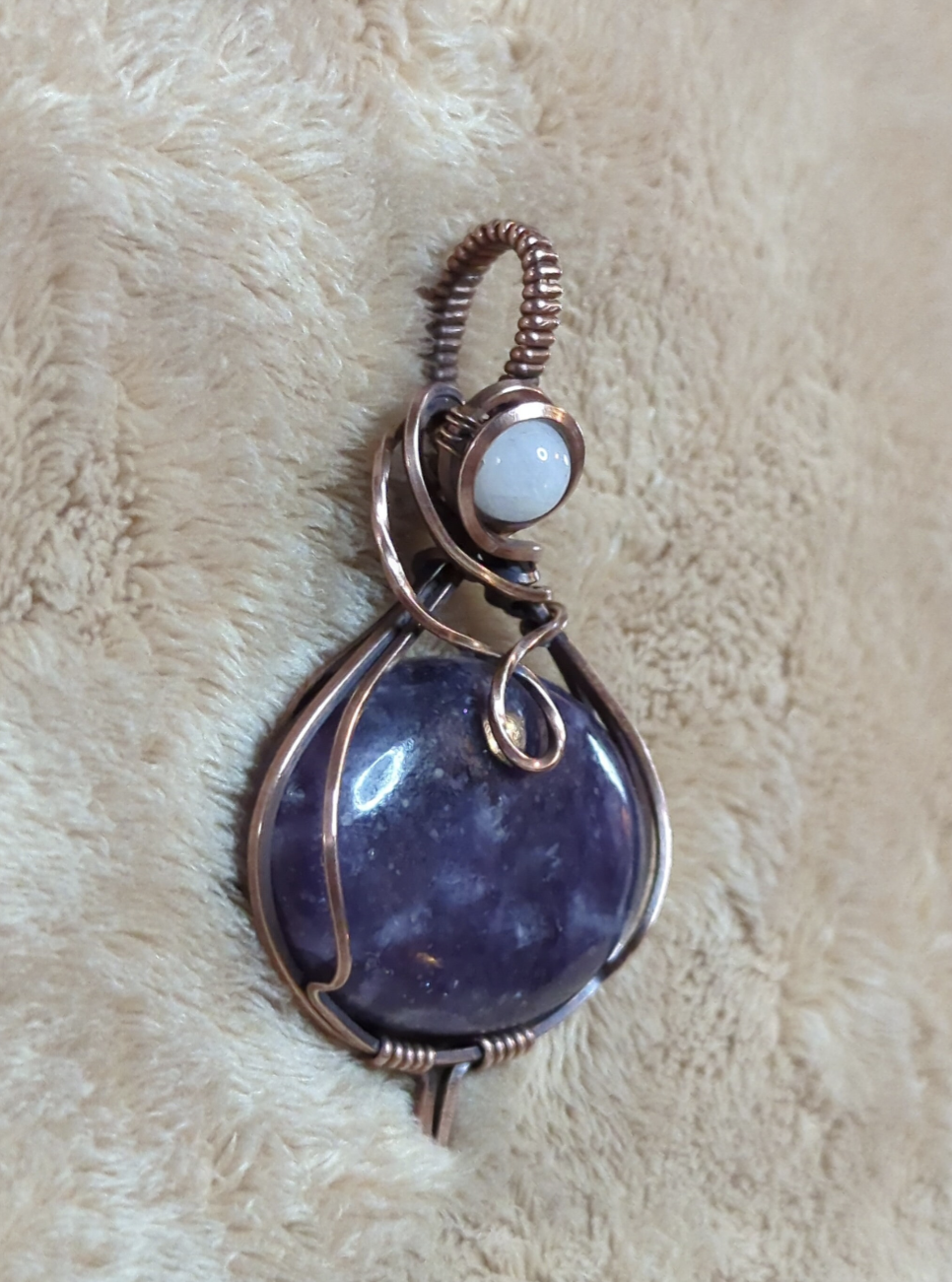 Lepidolite gemstone pendant, set in antiqued copper, accented with Moonstone.