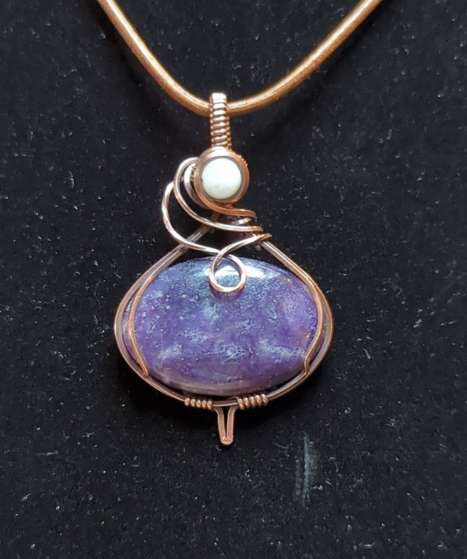 Lepidolite gemstone pendant, set in antiqued copper, accented with Moonstone.