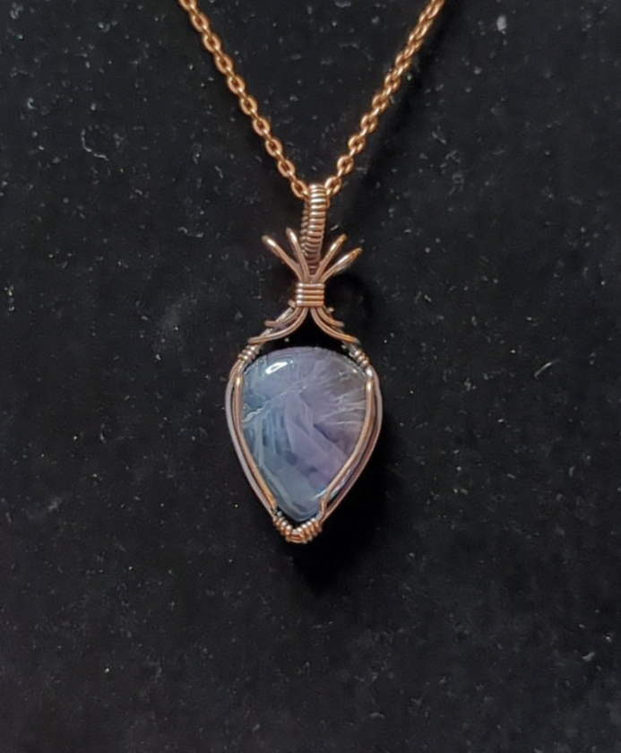 Fluorite,  purple and blue, gemstone pendant, set in antiqued copper