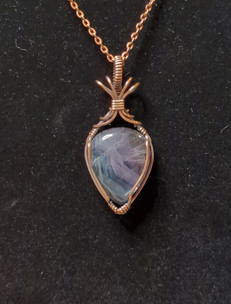 Fluorite,  purple and blue, gemstone pendant, set in antiqued copper