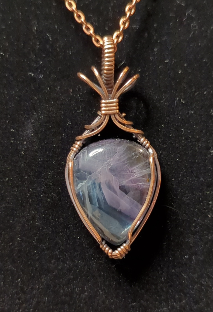 Fluorite,  purple and blue, gemstone pendant, set in antiqued copper