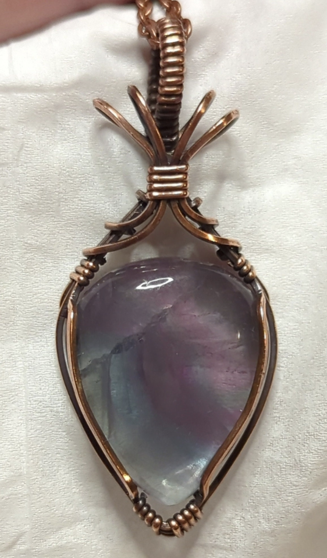 Fluorite,  purple and blue, gemstone pendant, set in antiqued copper