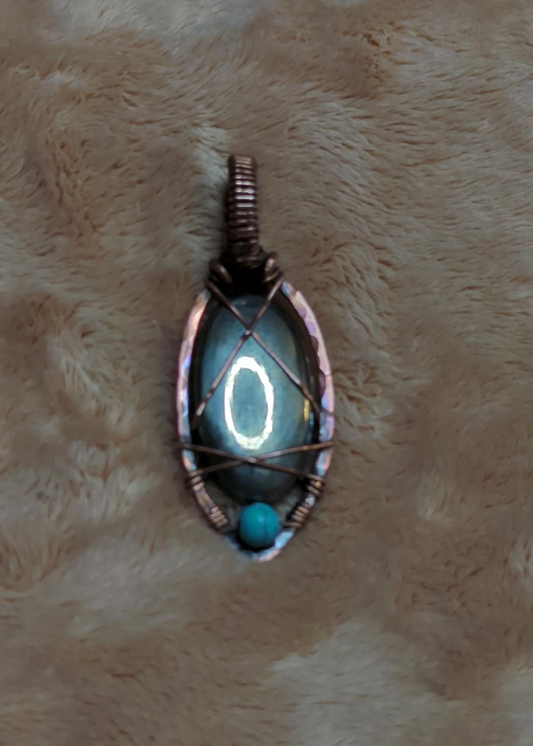 Pyrite Pendant, set in hammered antiqued copper, accented with Turquoise.