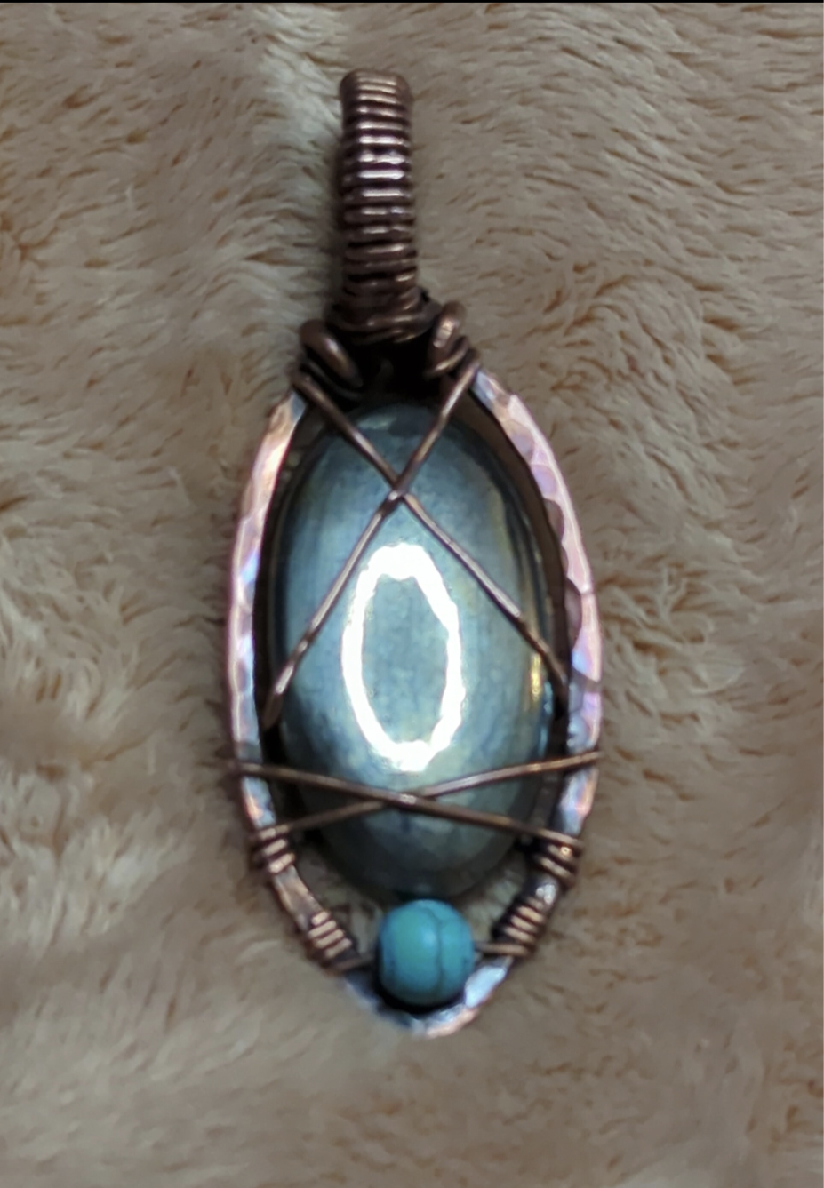 Pyrite Pendant, set in hammered antiqued copper, accented with Turquoise.