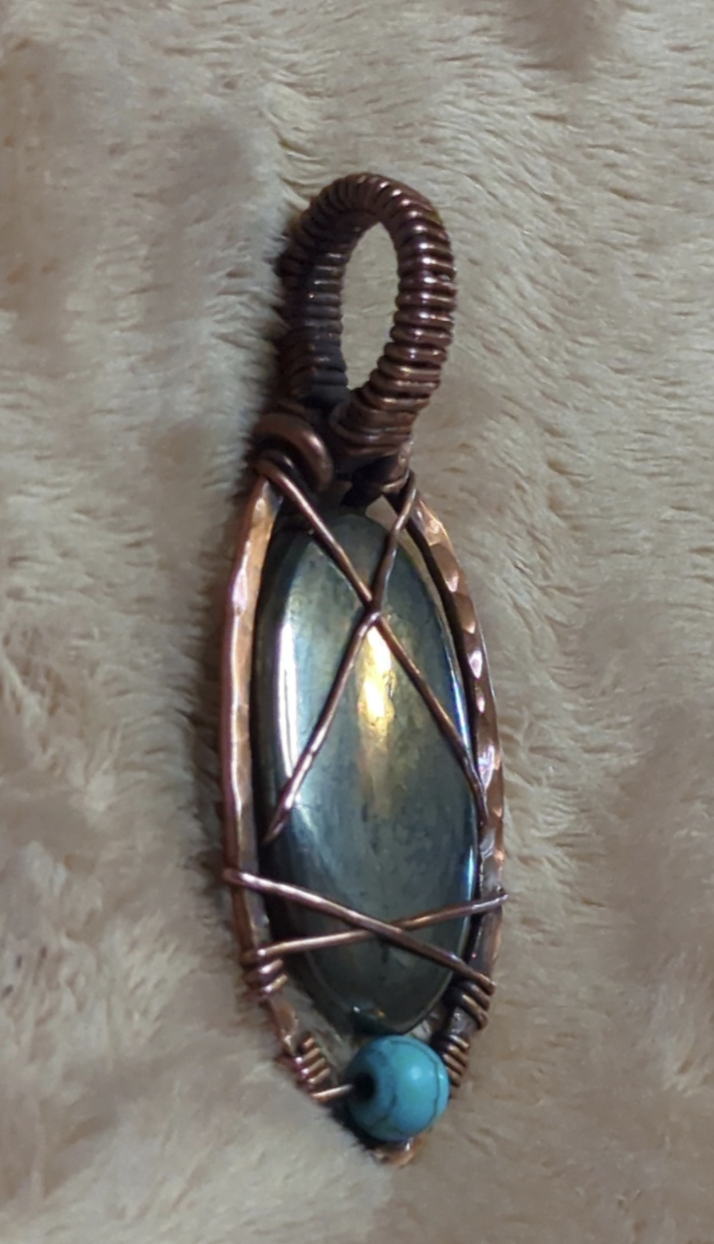 Pyrite Pendant, set in hammered antiqued copper, accented with Turquoise.