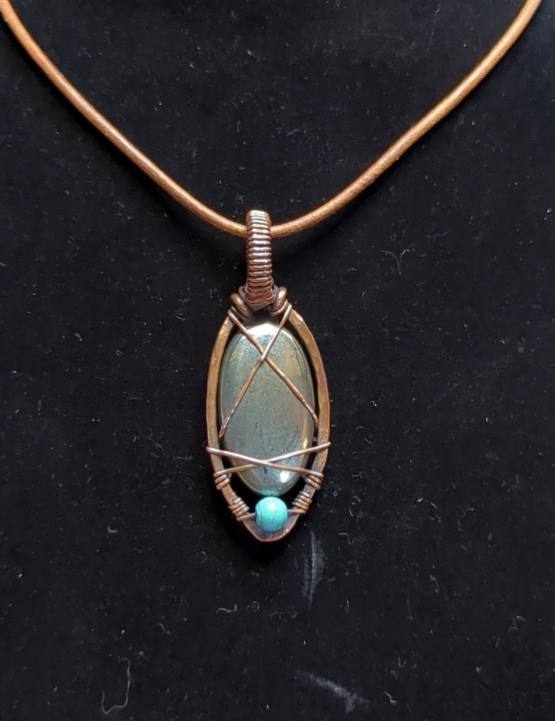 Pyrite Pendant, set in hammered antiqued copper, accented with Turquoise.