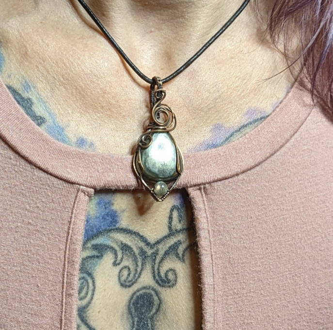 Pyrite Pendant, accented with Labradorite, set in antiqued copper.