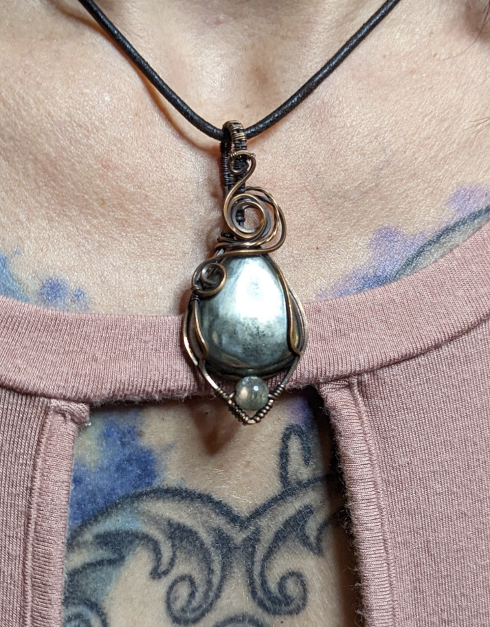 Pyrite Pendant, accented with Labradorite, set in antiqued copper.