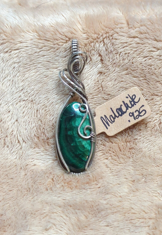 Malachite Gemstone Pendant, set in antiqued sterling silver.