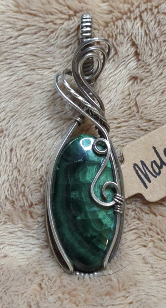 Malachite Gemstone Pendant, set in antiqued sterling silver.