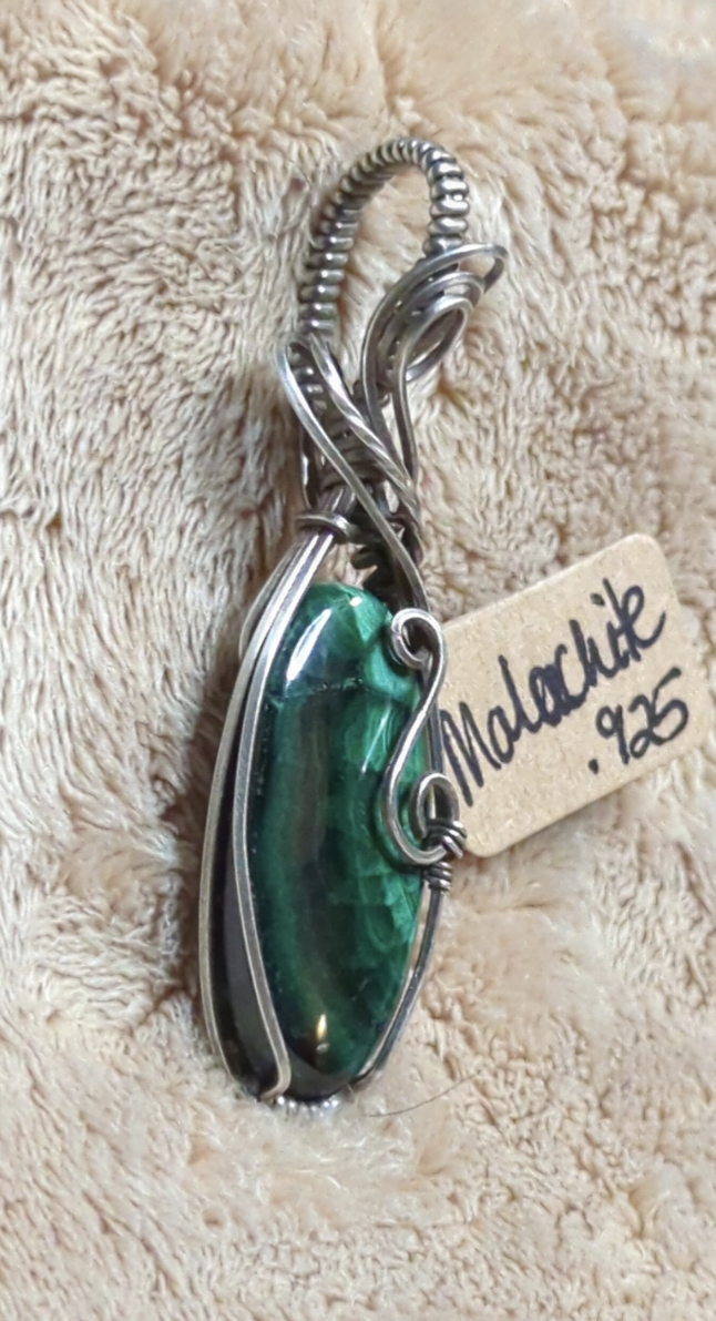 Malachite Gemstone Pendant, set in antiqued sterling silver.