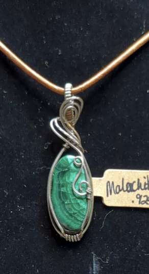 Malachite Gemstone Pendant, set in antiqued sterling silver.