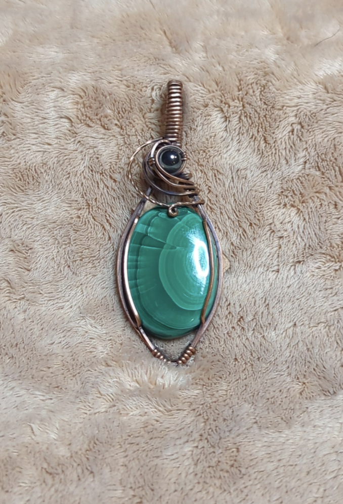 Malachite Gemstone Pendant, set in antiqued copper, accented with  Hematite