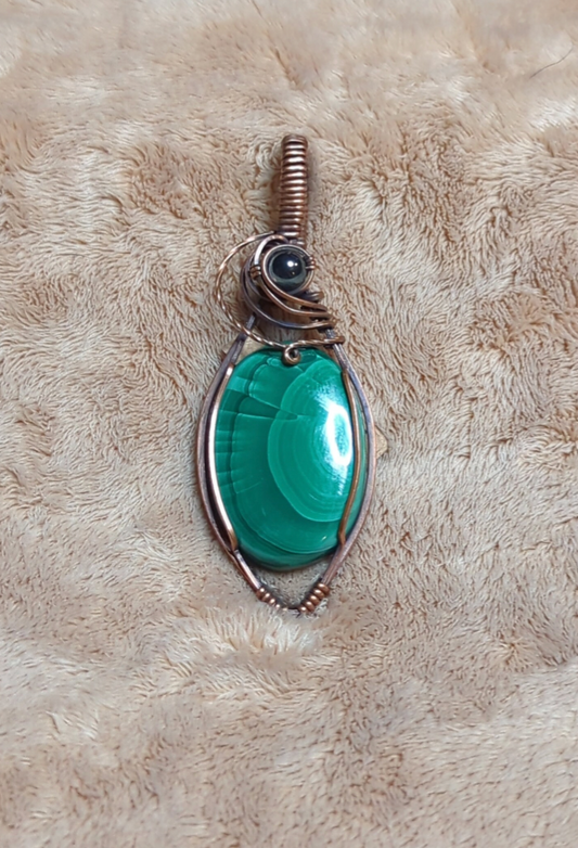 Malachite Gemstone Pendant, set in antiqued copper, accented with  Hematite